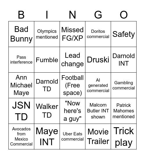SB LX Bingo Card