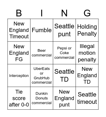 Superbowl 60 Bingo Card