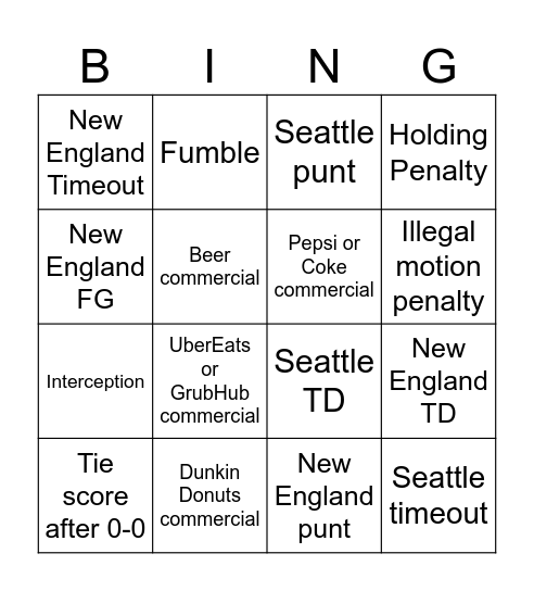 Superbowl 60 Bingo Card
