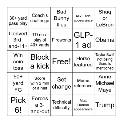 Superbowl LX Bingo Card