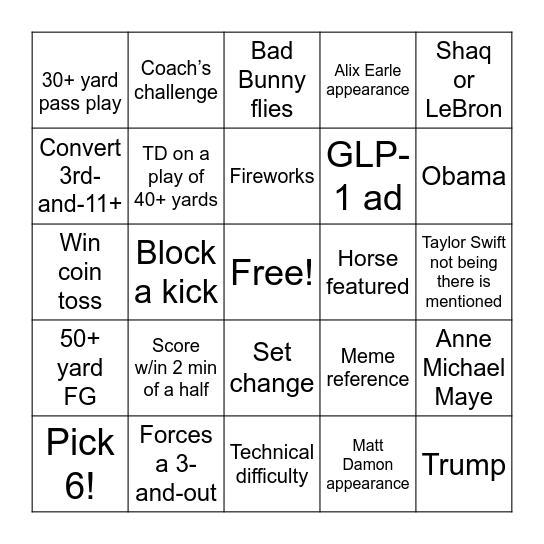 Superbowl LX Bingo Card