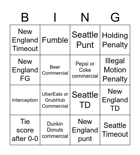 Superbowl 60 Bingo Card
