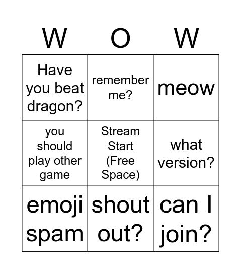 STREAM/CHAT BINGO Card