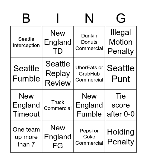 Superbowl 60 Bingo Card