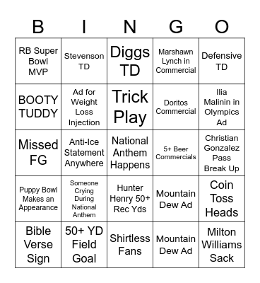 Super Bowl 2026 Bingo Card