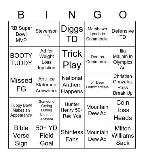 Super Bowl 2026 Bingo Card