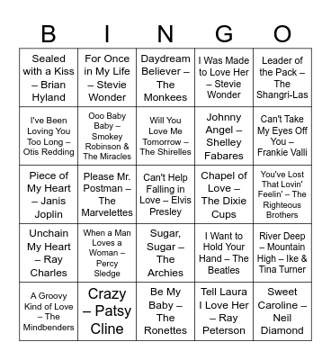 Valentine's Day 1960s Music Bingo Card