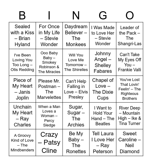 Valentine's Day 1960s Music Bingo Card
