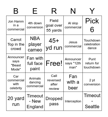 Super Bowl BERNY Bingo Card