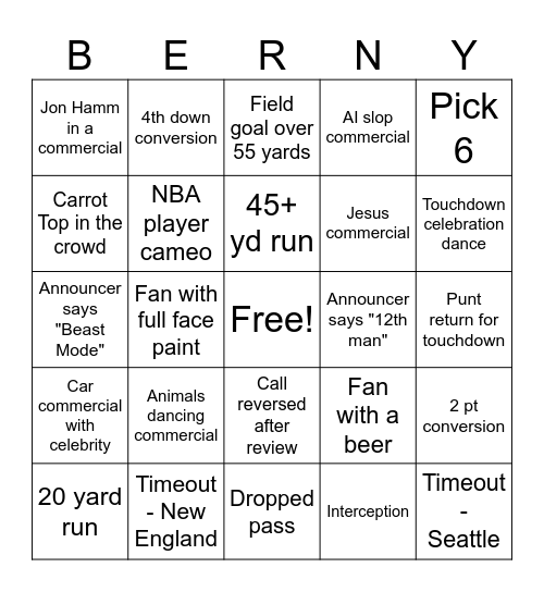 Super Bowl BERNY Bingo Card