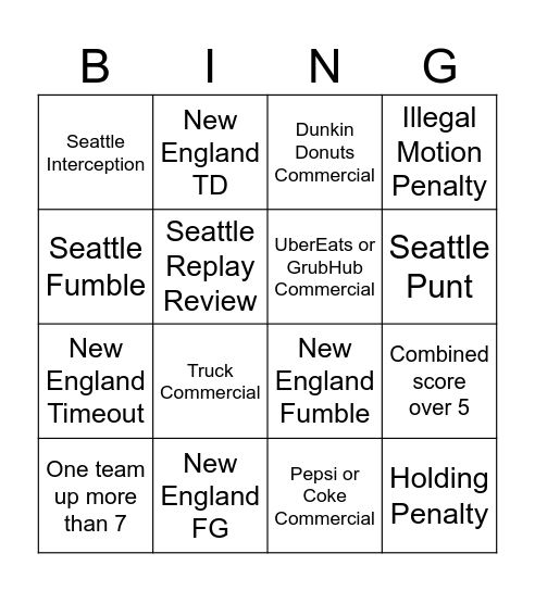 Superbowl 60 Bingo Card