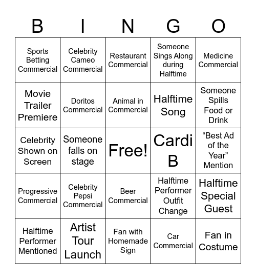 Super Bowl LX Commercial and Halftime Bingo Card