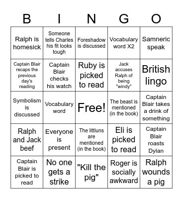 LOTF Chapter 7 Bingo Card