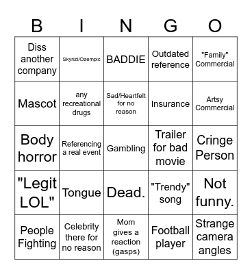 Superbowl Commercials Bingo Card
