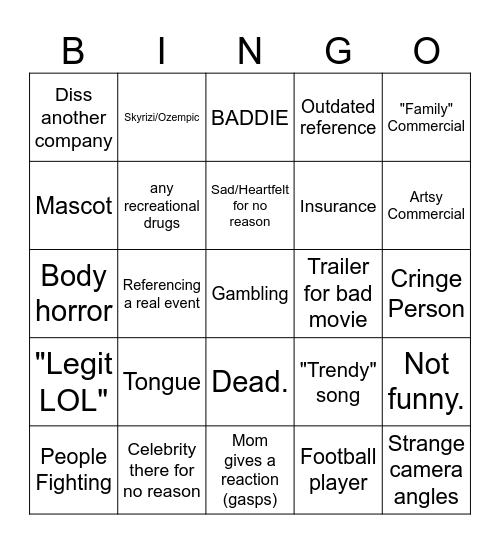 Superbowl Commercials Bingo Card