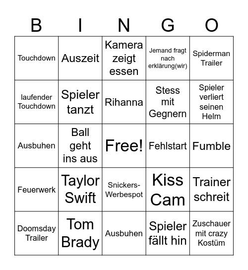 Super Bowl Bingo Card