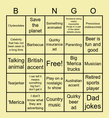 Super Bowl Commercial Bingo Card
