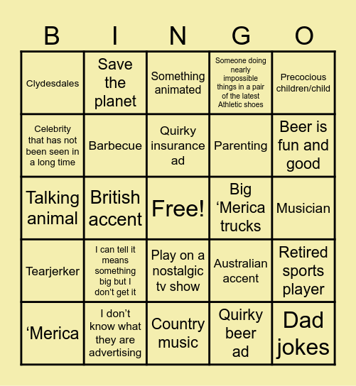Super Bowl Commercial Bingo Card