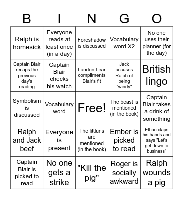 LOTF Chapter 7 Bingo Card