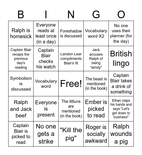 LOTF Chapter 7 Bingo Card
