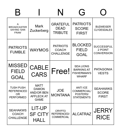 SUPER BOWL BINGO Card