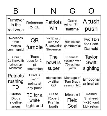 Super Bowl 2026 Bingo Card