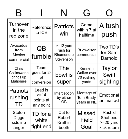 Super Bowl 2026 Bingo Card