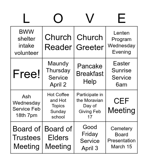 Confirmation Bingo Card