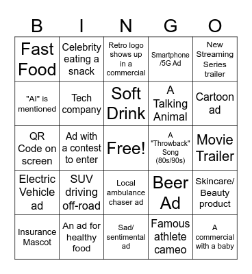 Super Bowl Bingo Card