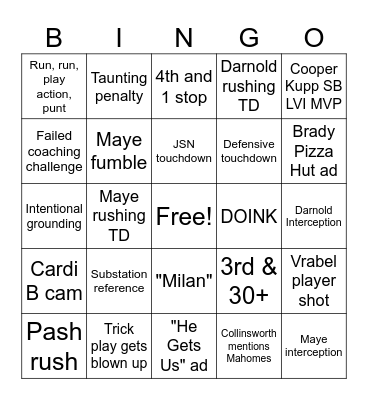 Superbowl LX Bingo Card