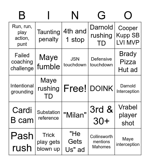 Superbowl LX Bingo Card