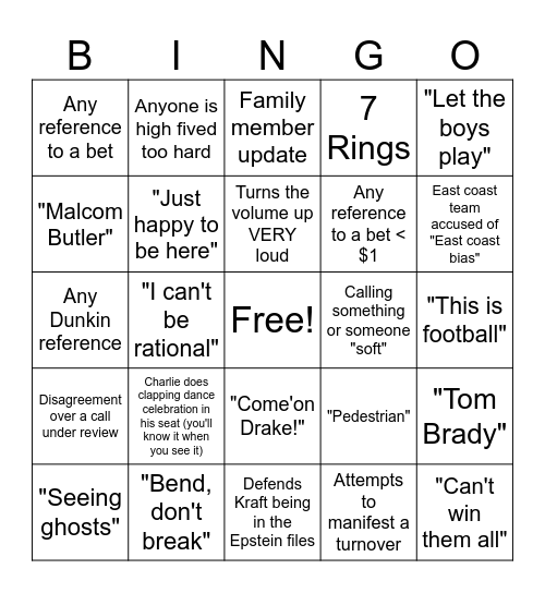 Paul and Charlie's Big Game Bingo Card