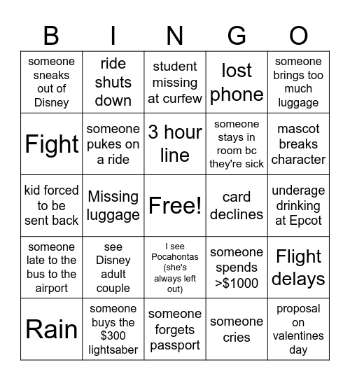 Disney Senior Trip Bingo Card