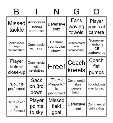 Benito Bowl Bingo Card
