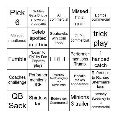 Super Bowl LX Bingo Card