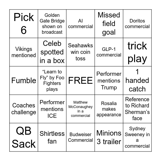 Super Bowl LX Bingo Card