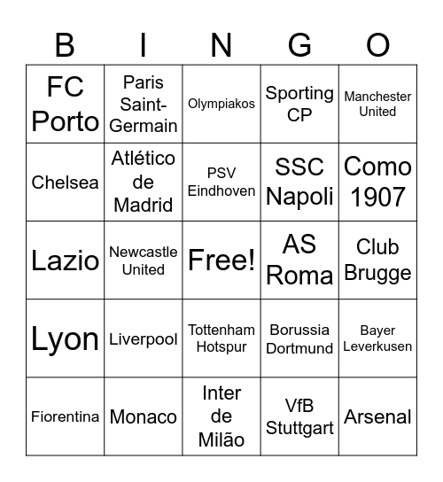 Clubes Europeus Bingo Card