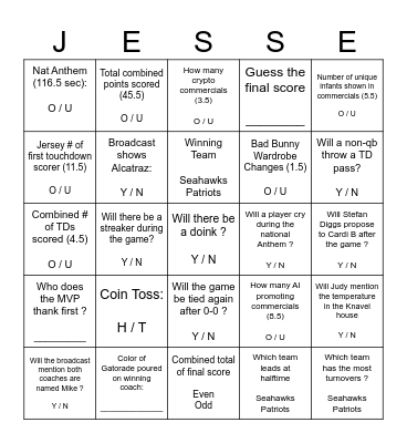 SUPER BOWL 2026 Bingo Card