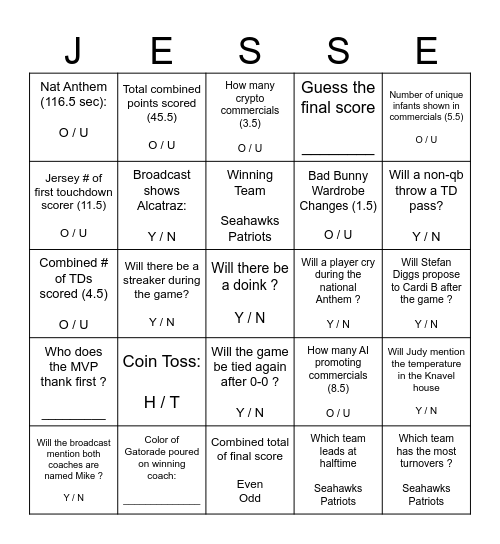 SUPER BOWL 2026 Bingo Card