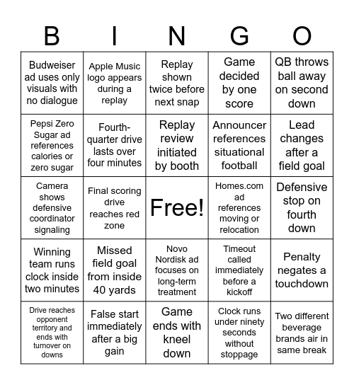Super Bowl LX Bingo Card