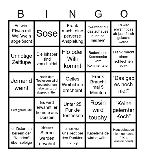 Rosins Restaurant Bingo Card