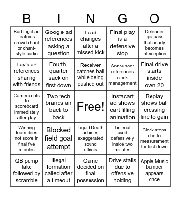 Super Bowl LX Bingo Card