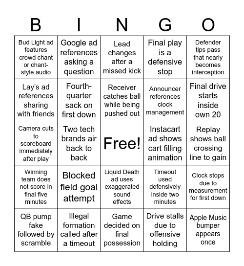 Super Bowl LX Bingo Card