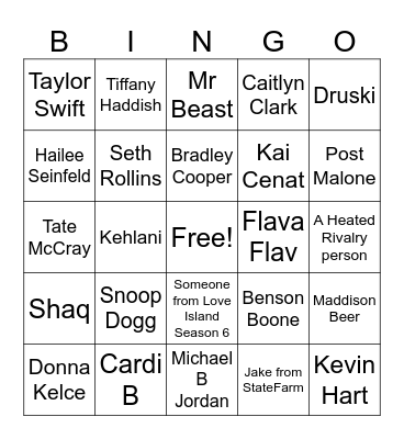 Super Bowl Celebrities Bingo Card
