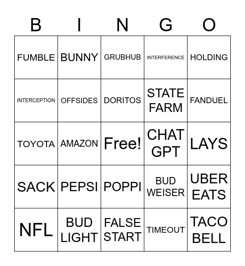 SUPER BOWL BINGO Card