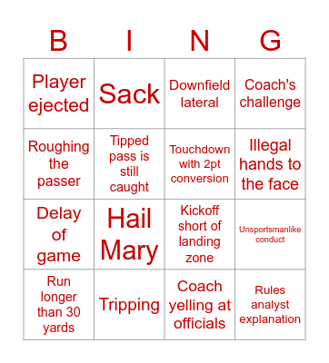 Super Bowl Bingo Card