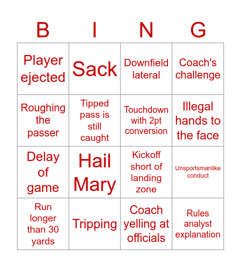 Super Bowl Bingo Card