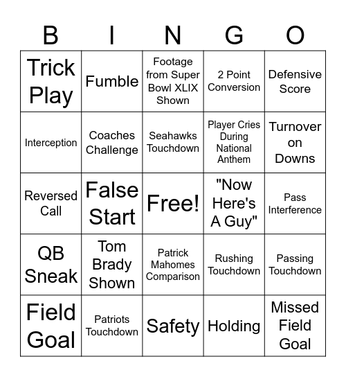 Super Bowl LX Bingo Card