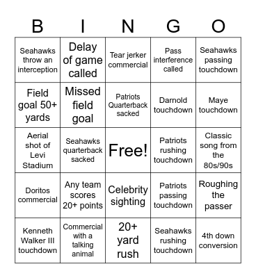 Super Bowl 26 Bingo Card