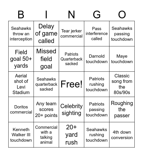 Super Bowl 26 Bingo Card